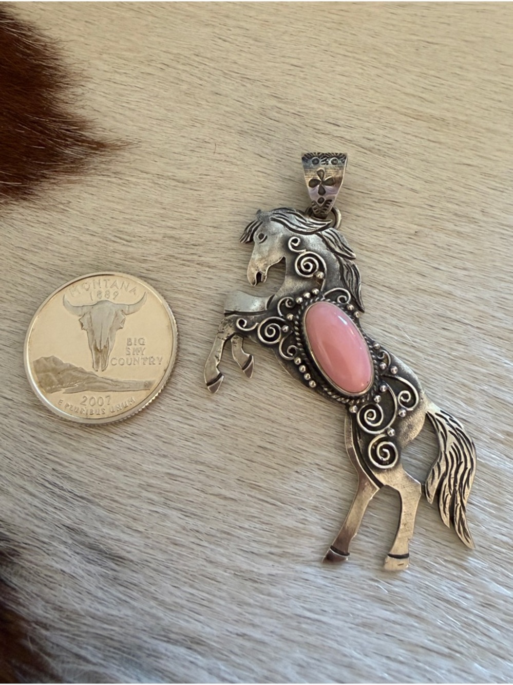 ❤️ Queen Pink Conch Sterling Hand Stamped Statement Rearing Horse Pendant 2.51”L - Picture 4 of 13